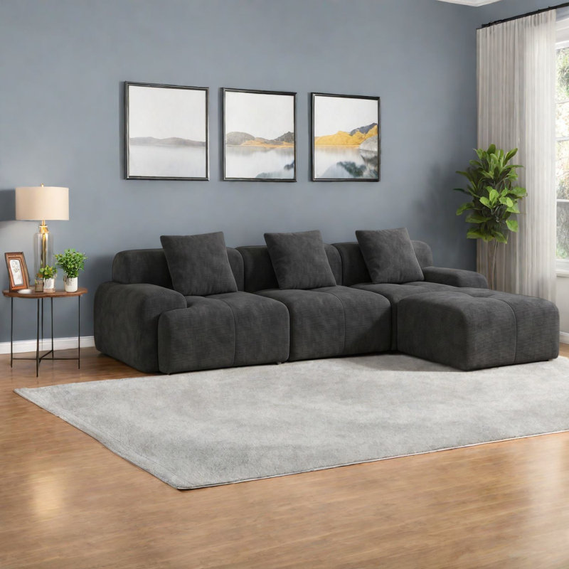 Canapé d'angle moderne à compression, canapé 3 places en velours côtelé gris foncé avec pouf amovible