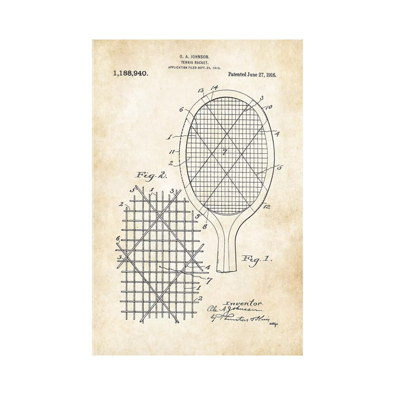 «Tennis Racket» par vern77 - reproduction de dessin sur toile tendue, H 12 po x l 8 po x P 0,75 po