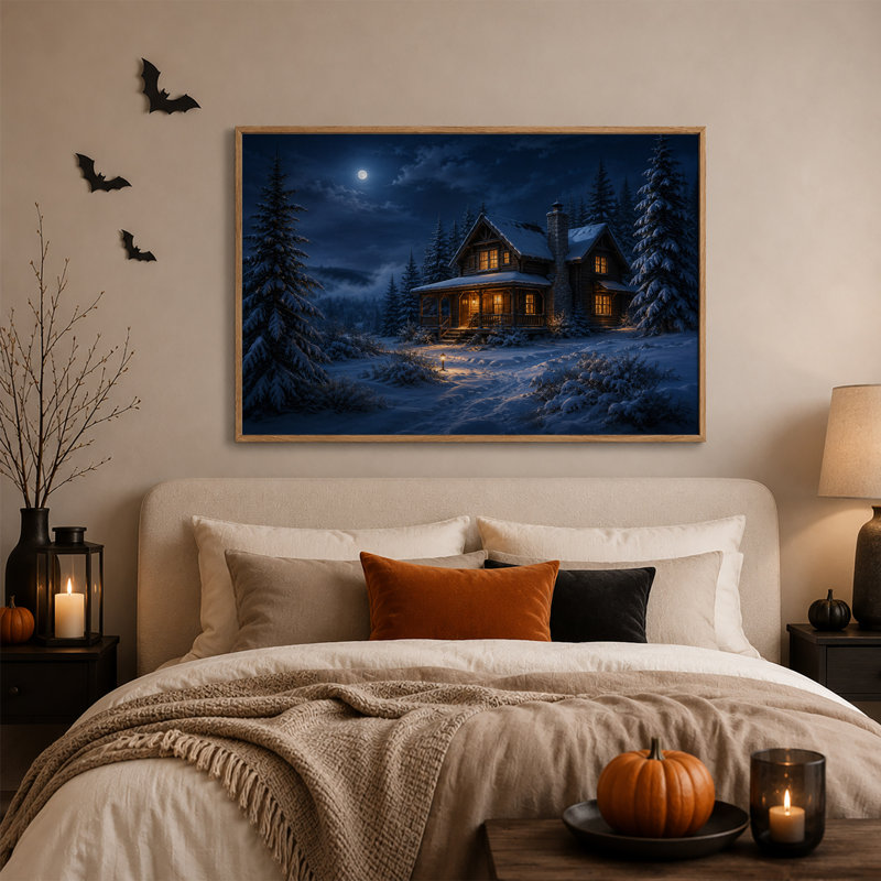 Cabane en bois rond enneigée aux fenêtres illuminées sous une toile murale d'Halloween, H 18 po x l 24 po