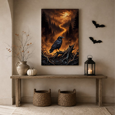 Corbeau noir sur racines noueuses, toile murale orange fluorescente pour l'Halloween