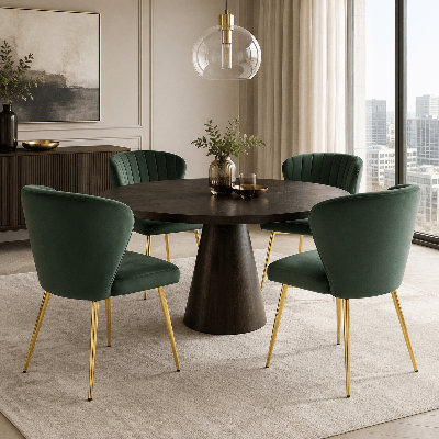 Chaise de salle à manger moderne 4 pièces en velours capitonné vert avec dossier à oreilles et pieds en métal