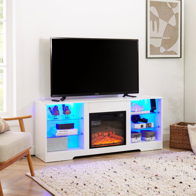 Abertamy 21 Tv Stand Electric Fireplace, Adjustable Glass Shelves, Led Lights, Port, White, Fits 32 - 62" Tvs, 58''W*15.5''D*24.4''H With Realistic Flame Appearance, Charging Socket, For