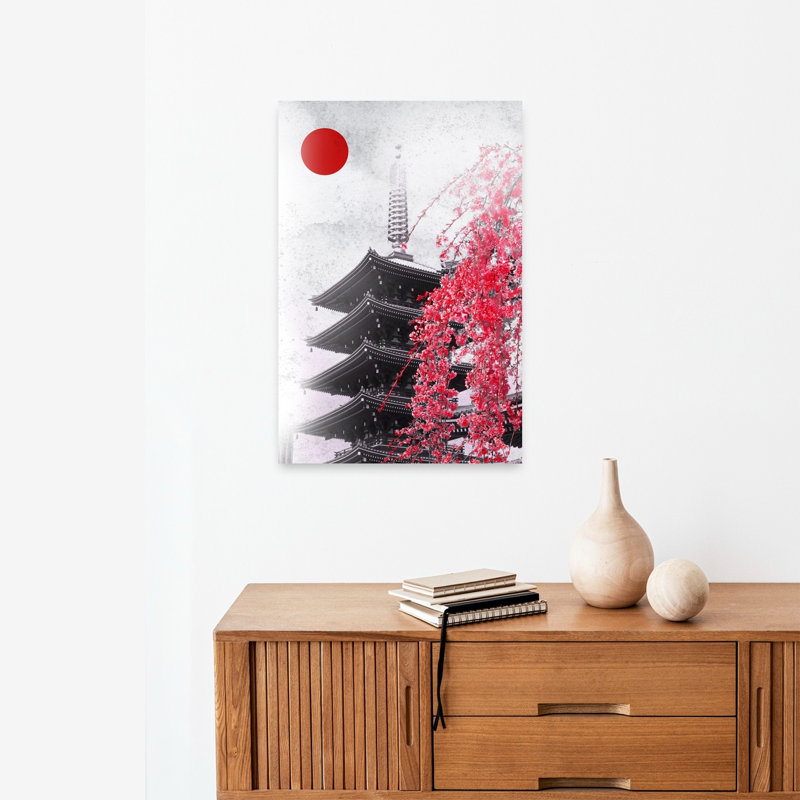 Japanese Pagoda Cherry Blossoms Contemporary Wall Art Print 1 Piece Wrapped Canvas Wall Art, 60.96cm H x 40.64cm W
