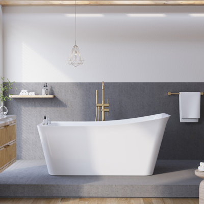 64"W x 32"D Freestanding Soaking Acrylic Bathtub with Pop-Up Drain, Groove Overflow & Wide Deck,White