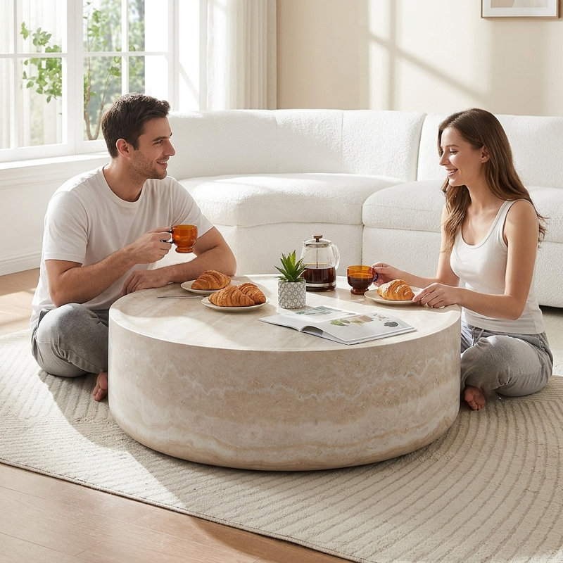 31.49" Round Faux Marble Coffee Table with Fiberglass Base, 12" H x 31.9" L x 31.9" W