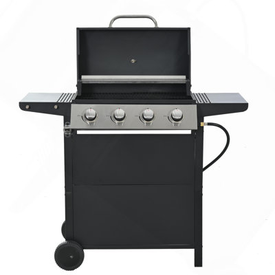 Barbecue au propane à 4 brûleurs de 34 000 BTU avec tablettes latérales, couvercle, roues et ouvre-bouteille