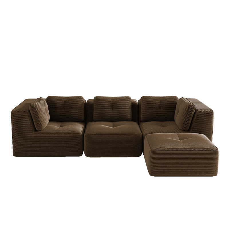 Canapé modulaire moderne pour le salon, tissu en velours côtelé, canapé à 3 places avec siège profond et repose-pieds mobile, passepoil perlé, conception capitonnée, sans assemblage, conception antidérapante