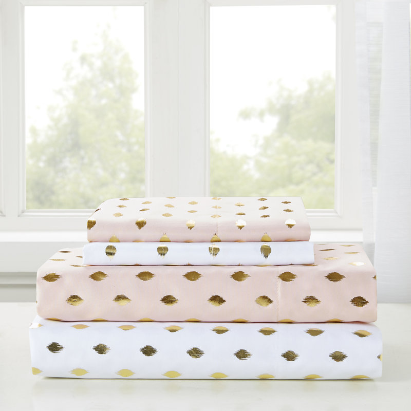 Metallic Polka Dot Printed Sheet Set, White/Gold, Queen Sheet Set + 1 Fitted Sheet + 2 Pillowcases