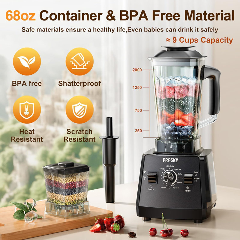 Professional Blender, Smoothies Blenders, PRASKY Max.2400Watts/1000Watts Blender and Grinder Combo 25000RPM Powerful Kitchen 68oz BPA Free 2 Containers Countertop Blenders Ice Crushing, Juice