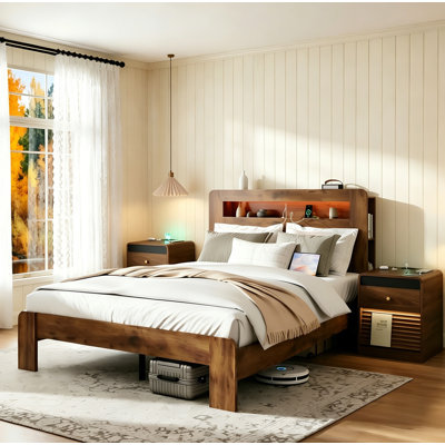 3-Piece Queen Bedroom Set, Bed Frame with Storage LED Light Headboard and 2 Nightstand with Charging Station and LED Lights