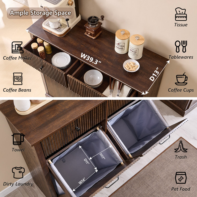 Modern Tilt-out Laundry Hamper Cabinet with Drawers, Fluted Laundry Storage Basket for Bathroom, Brown, Double Door