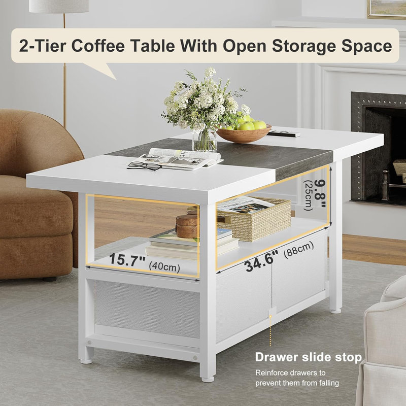 2-Tier Coffee Table With Storage Shelf And 2 Drawers, 46'' Rectangular Centre Table Wood Top For Living Room Reception Room, Metal Frame, Easy Assembly, Oak