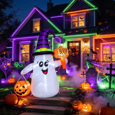 Décoration de fantôme gonflable d'Halloween 5 pi - lumières DEL clignotantes colorées intégrées, fantôme mignon avec citrouille «Boo», décor de jardin gonflable pour une fête intérieure / extérieure (1 PCS)