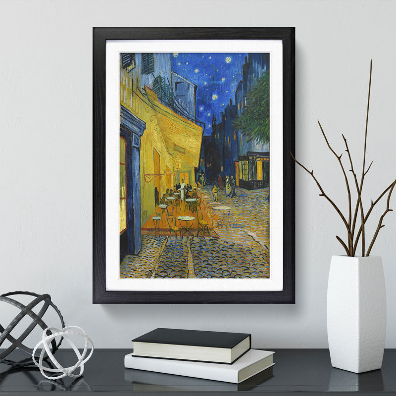 Cafe Terrace at Night by Vincent Van Gogh - Picture Frame Painting on MDF, 65cm H x 48cm W x 2cm D, Black Framed