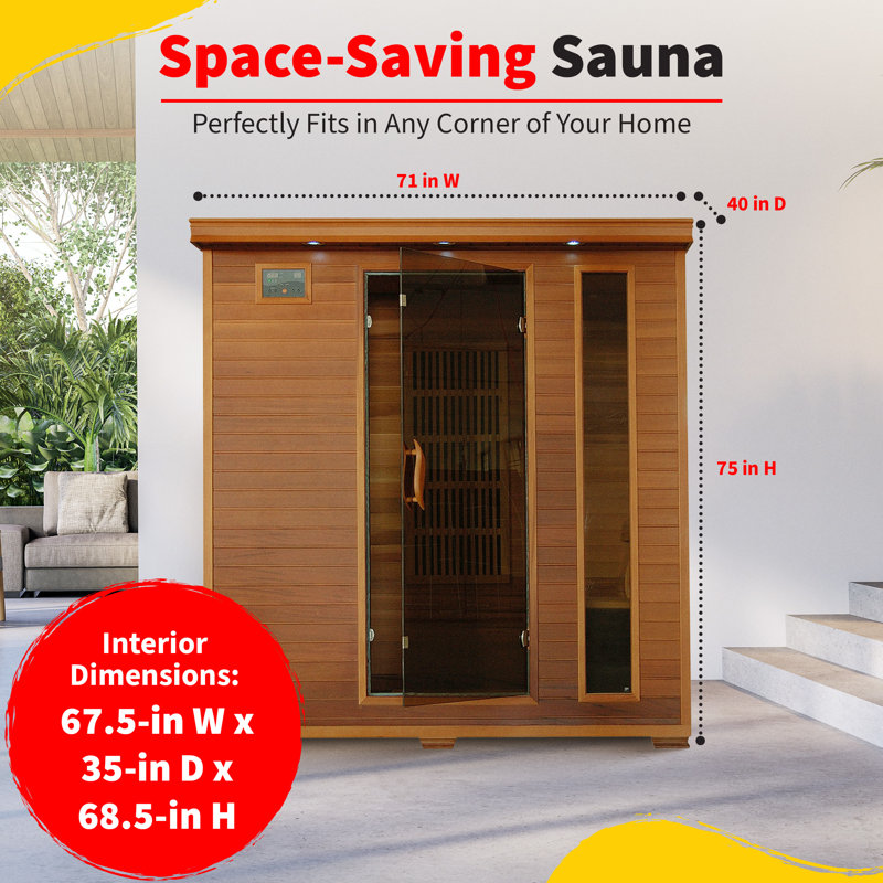 HEATWAVE Klondike 4 Person Cedar Infrared Wood Sauna for Home Relaxation – Indoor Sauna with 9 Carbon Heaters, Chromotherapy Lighting, Oxygen Ionizer, Built-In Stereo Sound System