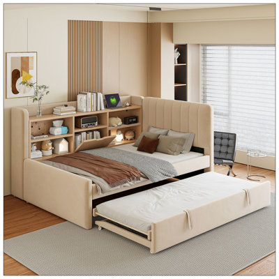 Lit de jour rembourré avec lit gigogne, tablettes de rangement, port USB et prise de courant pour la chambre à coucher