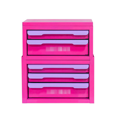 Boîte de rangement à cinq tiroirs rose rouge et violet, idéale pour l'organisation du bureau et à la maison. Fabriquée en acier laminé à froid robuste, elle permet un rangement compact pour les brosses à cheveux et autres accessoires cosmétiques.