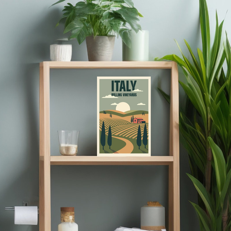 «Italian Rolling Vineyard Serene Tranquil Vintage Cypress Landscape Nature», art mural, H 18 po x l 12 po