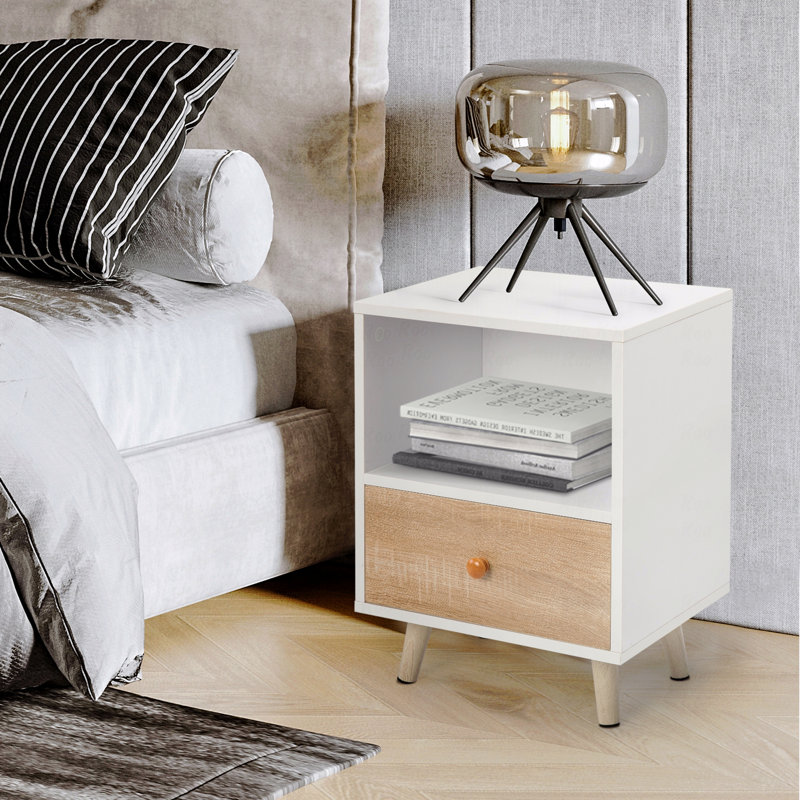 2 placards de chevet avec 1 tiroir et pieds courts, table de bout avec tablette de rangement, intérieur, blanc