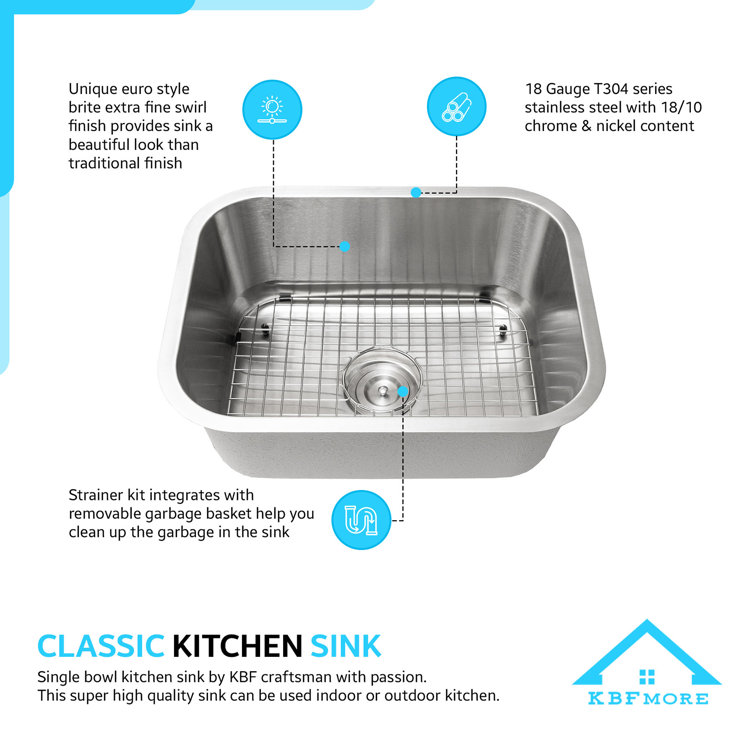 KBFmore 23 L x 18 W Undermount Kitchen Sink with Strainer and Bottom Sink  Grid