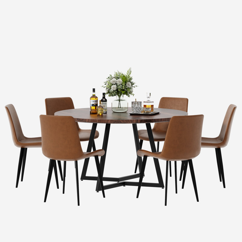 Mid Century Round Dining Table Sets, Brown, Walnut, 7