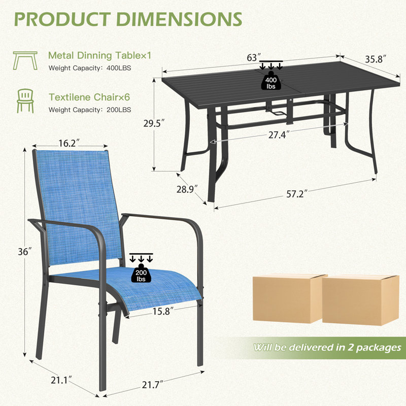 7 Piece Patio Dining Set, Outdoor Dining Table And Chairs Set For 6, 6 PVC-coated polyester Chairs, 1 Iron Rectangular Table With Adjustable Umbrella Hole, Patio Furniture Set For Deck, Backyard, Lawn, Poolside