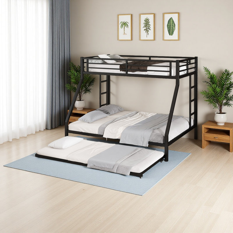 Metal Bunk Bed With Trundle, Black, Twin XL Over Queen