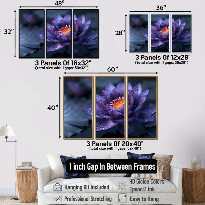 Mauve, gris, lotus mystique, Bloom II, Toile avec cadre flottant noir, H 28 po x l 36 po x P 1 po