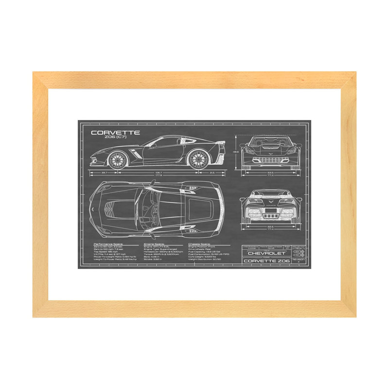 Corvette (C7) Z06-impression de dessin, Blanc, Toile avec cadre en bois beige, H 16 po x l 24 po x P 1 po