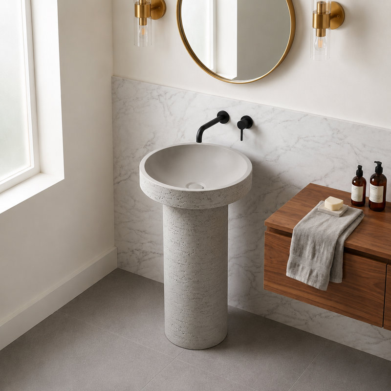 Lavabo de salle de bain autoportant rond 34 po en pierre d'ingénierie avec finition naturelle texturée
