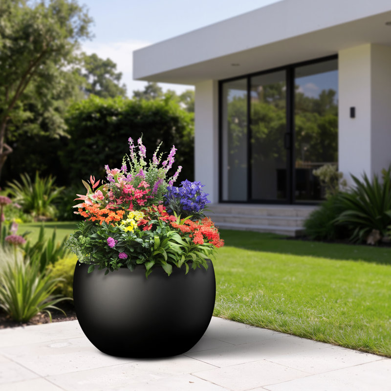 Concrete Round Planter / Pot With Drainage Holes, 16.34" H x 22.83" W x 22.83" D, Charcoal Black(Enhanced Interior)
