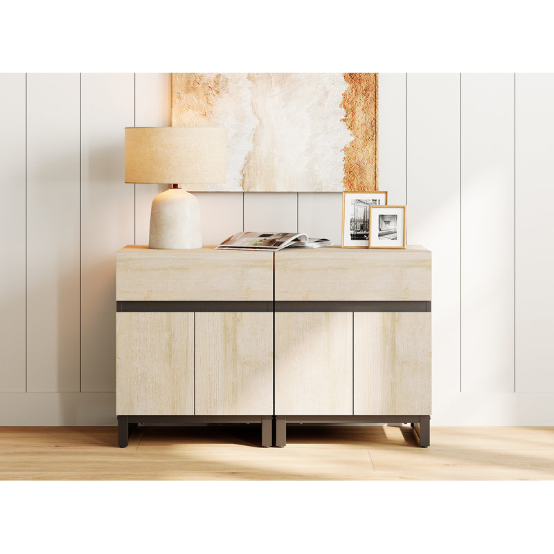 Epping 2 Piece Modern End Table With 1 Drawer & 1 Storage Cabinet, Farmhouse Sofa Table, Wooden Rustic Side Sofa Table With Metal Leg For Living Room, Nighstand For Bedroom