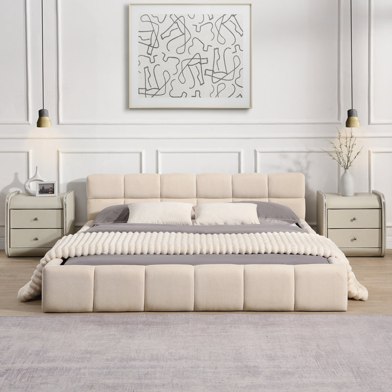 Grand lit tapissier élégant avec motif damier, Beige, Grand lit