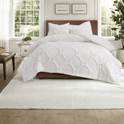 Ensemble de literie en chenille de coton luxueux, géométrique blanc cassé, très grand / très grand californien