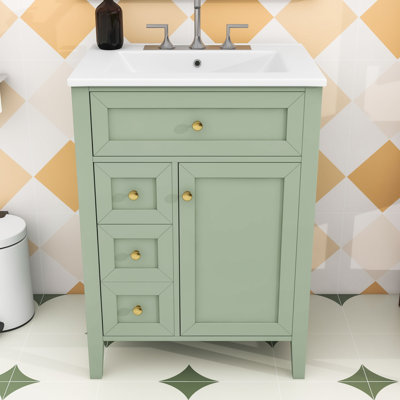 Meuble-lavabo de salle de bain avec lavabo en céramique, tiroirs basculants, tiroirs de rangement et porte à fermeture en douceur