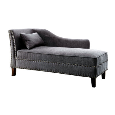 Transitional Design Gray Chaise With Linen - Like Upholstery, Nailhead Accents, Pillow, And Dark Cherry Finish Contemporary In Fabric Details, Frame, Look For Primary Living Areas