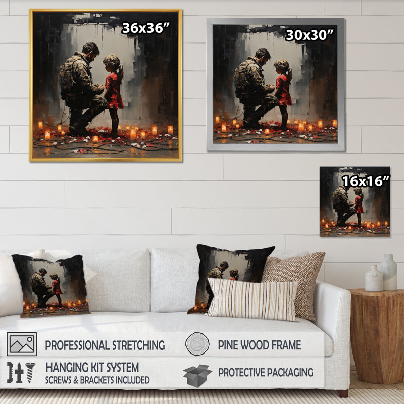 Reproduction d'art sur toile, "Père et fille", Cadre flottant noir, H 16 po x l 16 po x P 1 po