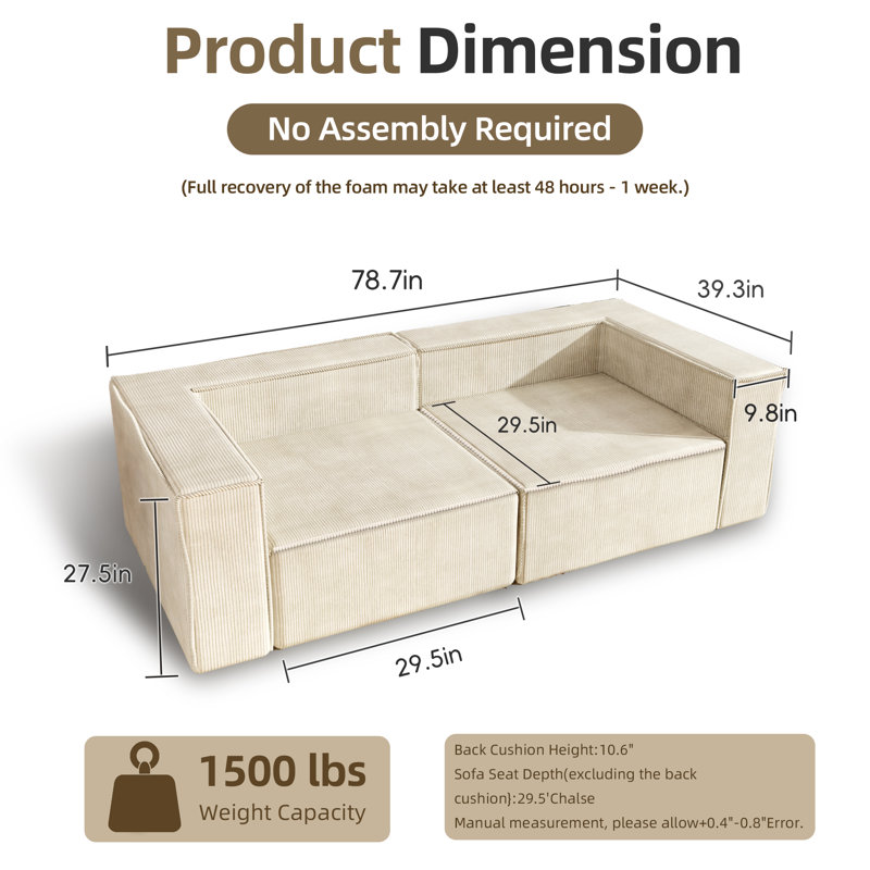  Canapé modulaire 78 po Courdoroy, Beige