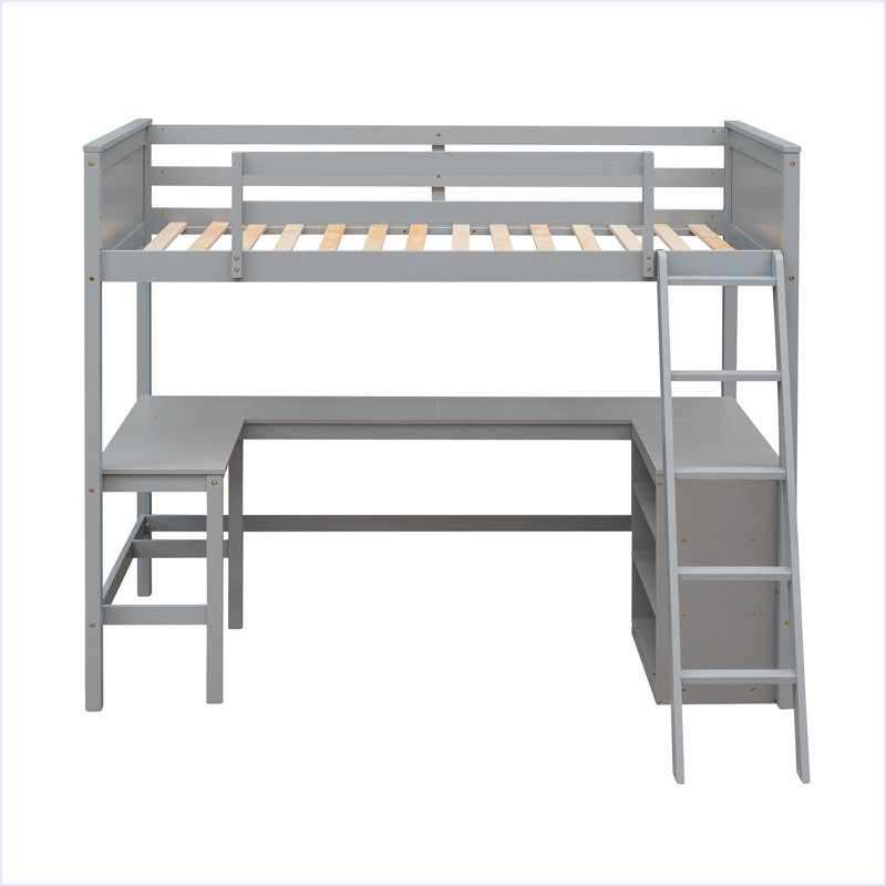 Lit mezzanine simple avec tablettes et bureau, lit mezzanine en bois avec bureau, Gris