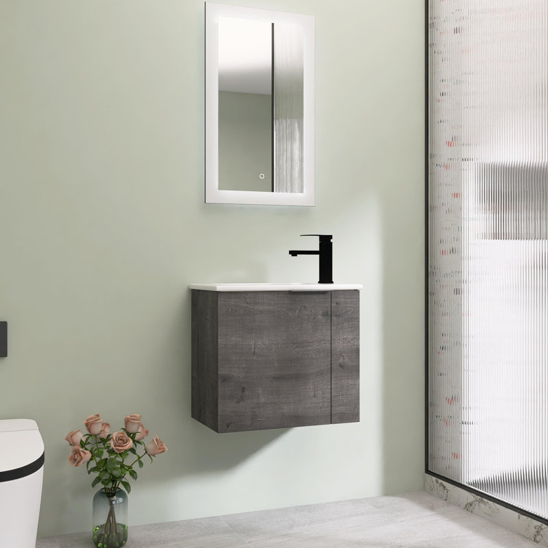Meuble-lavabo flottant de 22 po avec porte à fermeture douce et petit meuble-lavabo avec comptoir en céramique, Gris