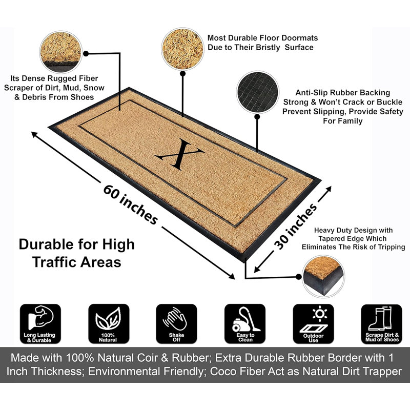 Ironton Natural Coir & Rubber Large Monogrammed Doormat, Thick Durable Entry Mats for Entrance Heavy Duty, Thin Profile, Long Lasting Front Door Mat - 30"x60"