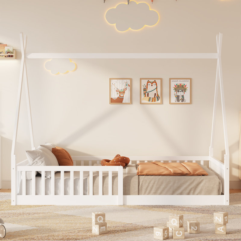 Twin Size Wood House Bed with Fence, Distressed Washed Finish, Sky Roof, Imaginative Play Design, White