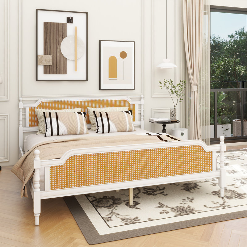 Traditional Style Rattan Bed Frame,No Box Spring Needed, King, Antique White