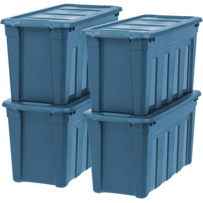31 Gallon Storage Totes (4 Pack) - Heavy Duty Stackable Bins with Lids, Eco-Friendly, Navy Blue w/Easy-Grip Handles