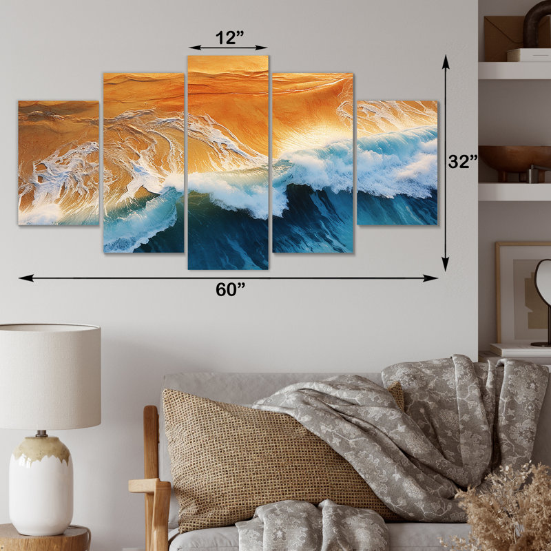  «Blue and Orange Vintage Beach Aériel View IV - Coastal Beach Multipanel Wall Art For Living Room