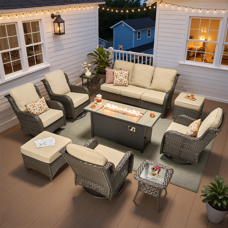 7 - Person Wicker Outdoor Conversation Set, Patio Sofa & Swivel Chair Set with Fire Pit and Cushions