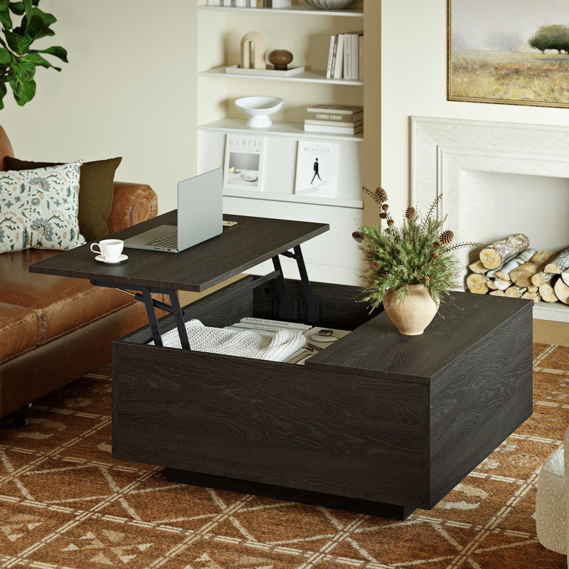 Table basse carrée en bois manufacturé l 32 po avec base en bloc et rangement, Espresso noir
