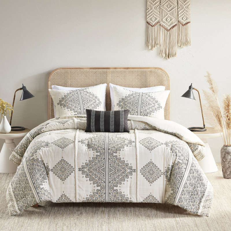 Édredon très grand / très grand avec coussin décoratif - Tissu d'ameublement en microfibre imprimé noir / noir