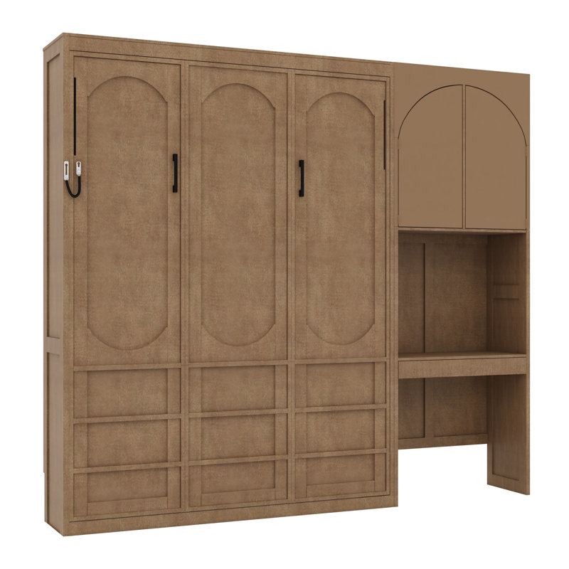 Lit escamotable à rangement multiple avec armoire latérale réversible de gauche à droite, lumières DEL et tiroirs, Noyer