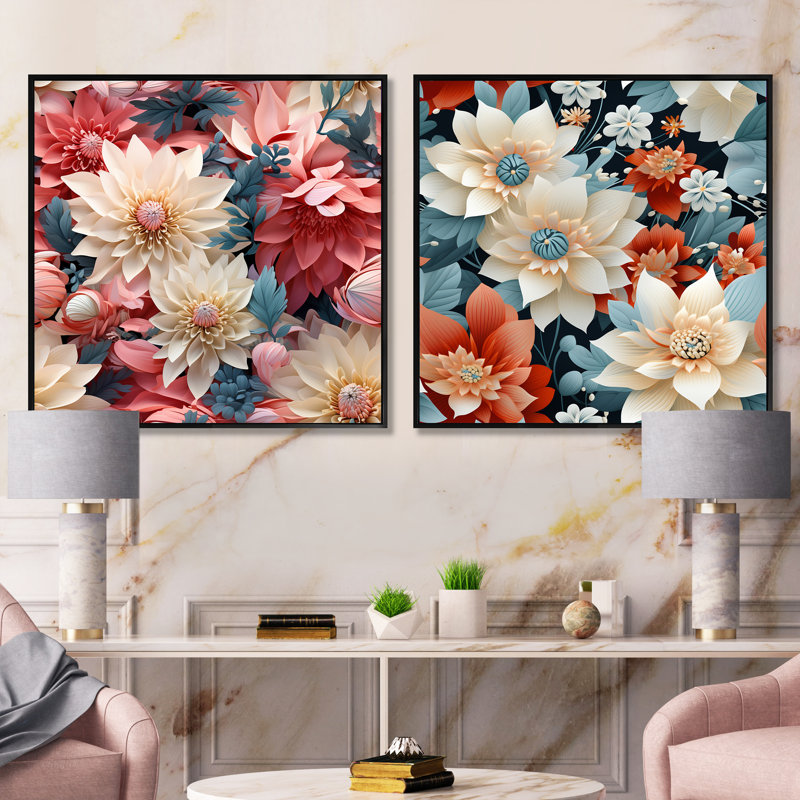 French Romance - motif floral III - ensemble de 2 collages floraux carrés, Cadre flottant noir, H 16 po x l 33 po